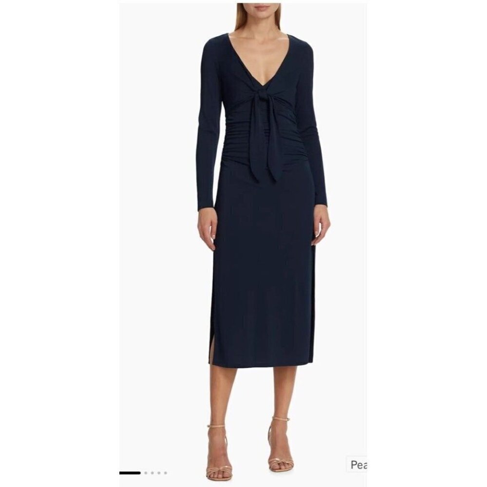 NEW Cinq à Sept Brenna Tie Front Long Sleeve Midi Dress Dark Teal Peacock Size 4 - Picture 5 of 14